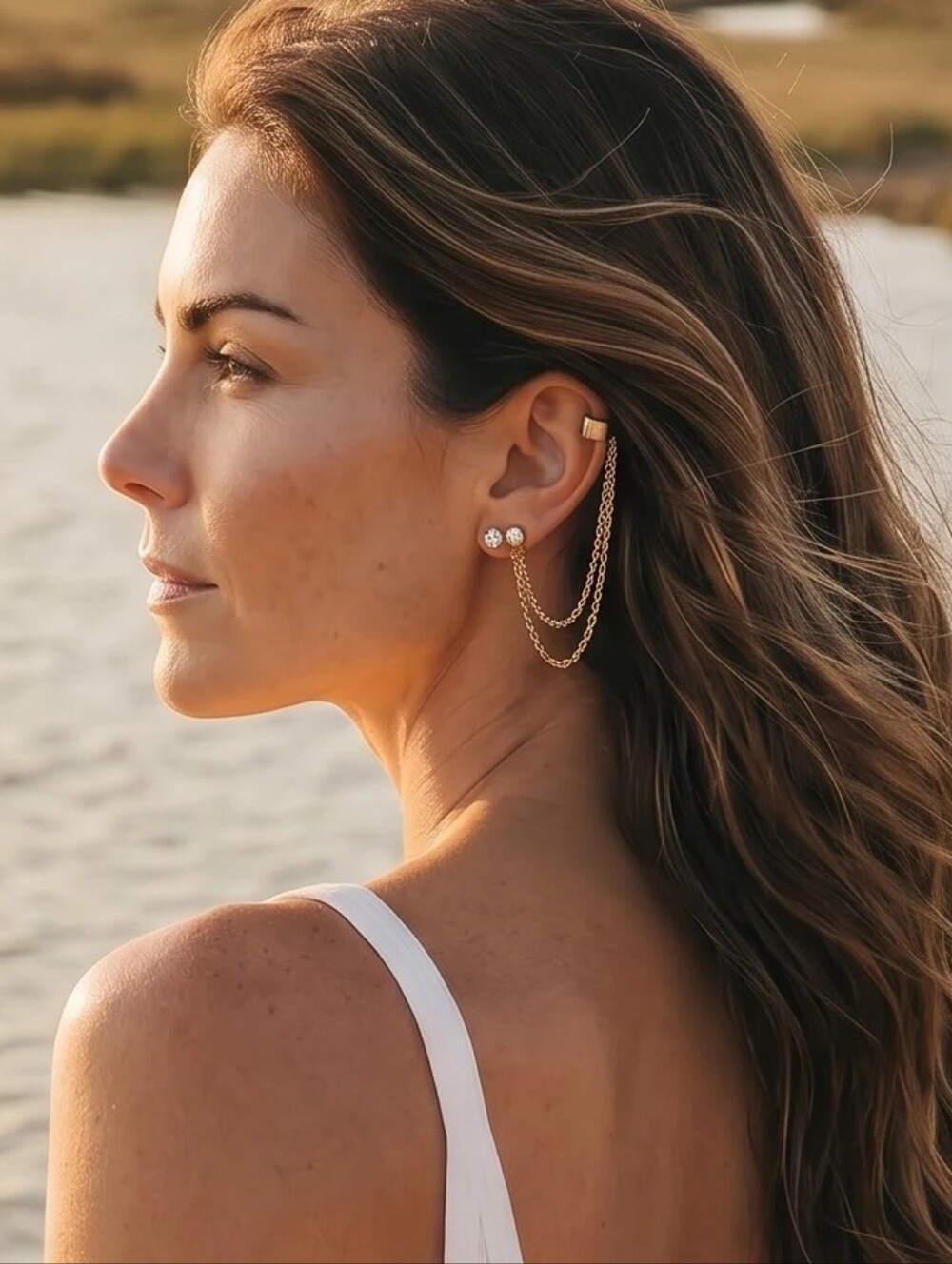 Golden Double Chain Ear Cuff with Cubic Zirconia Studs